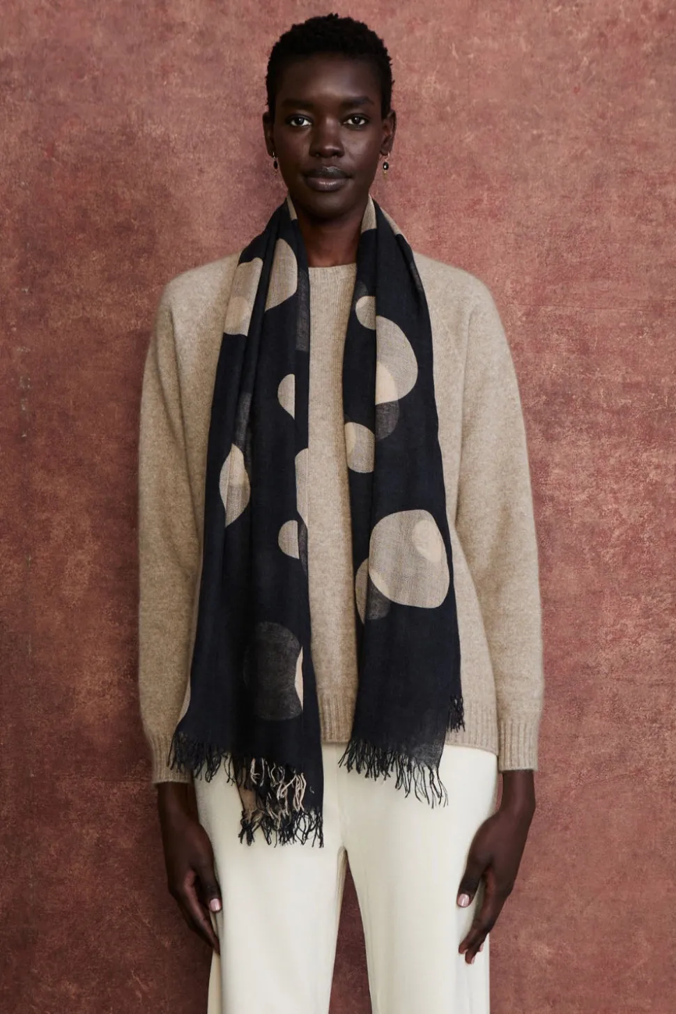 Cashmere and Silk Scarf Black Polka Dot
