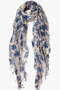 Cashmere and Silk Scarf Indigo Blue French Floral
