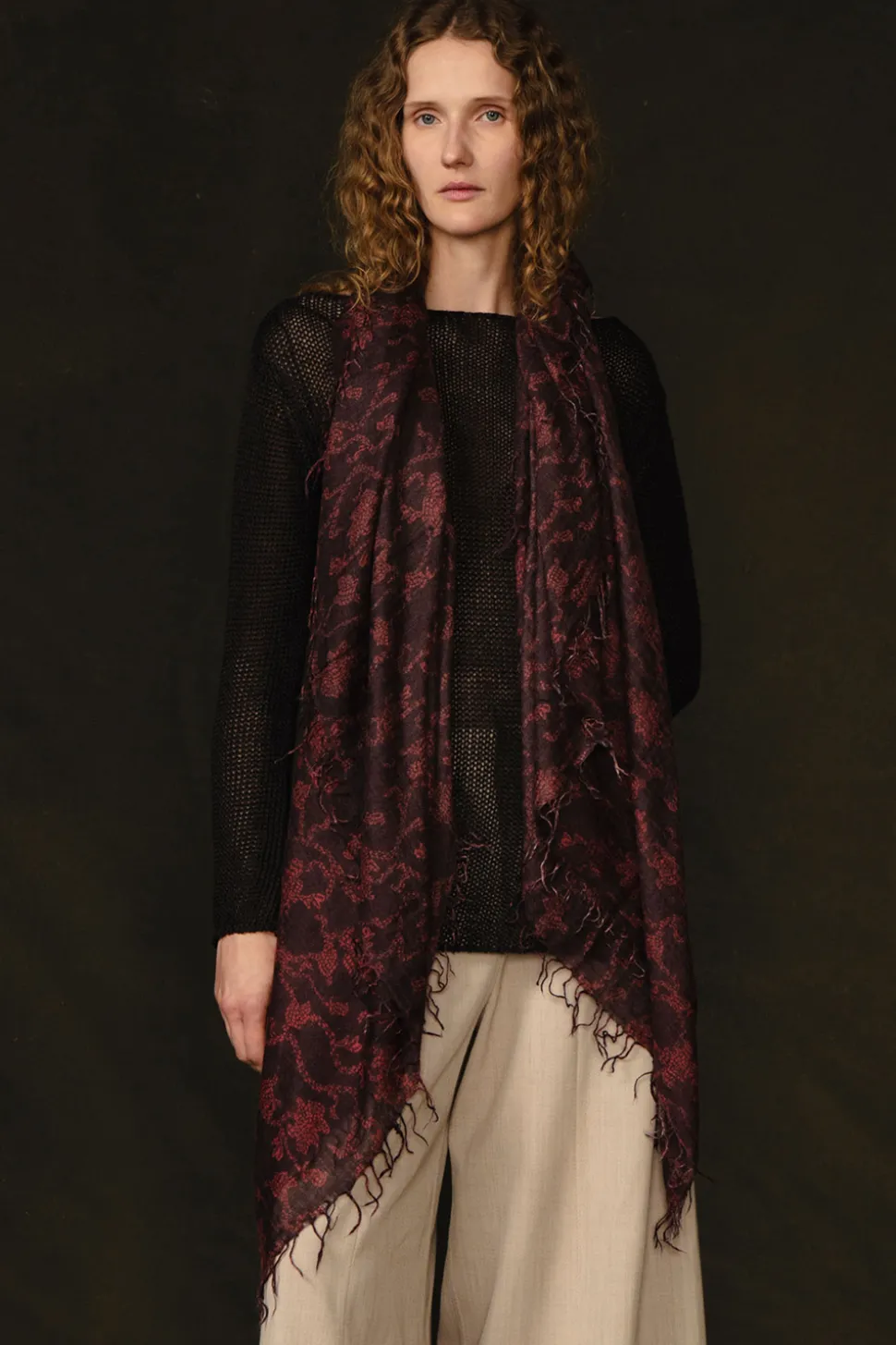 Cashmere and Silk Scarf Wine Kantha Floral