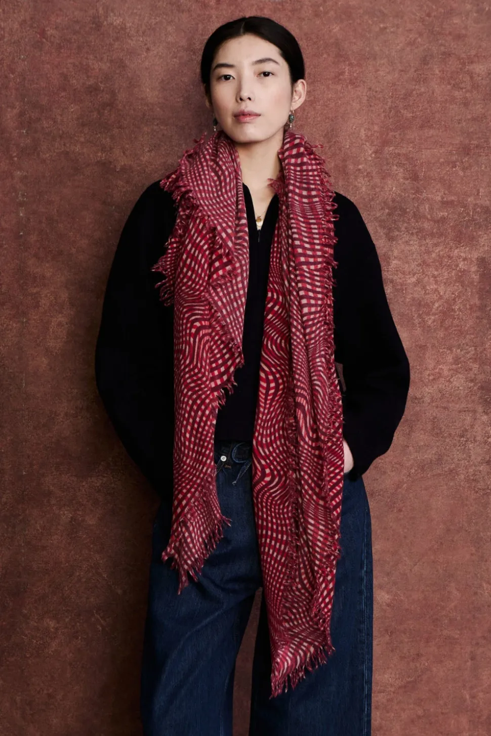 100% Cashmere Scarf Red Warped Plaid