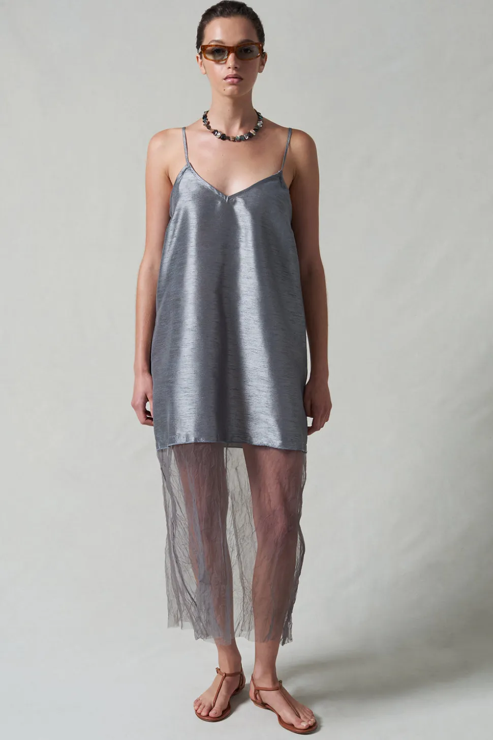Dupioni Mesh Dress Steel