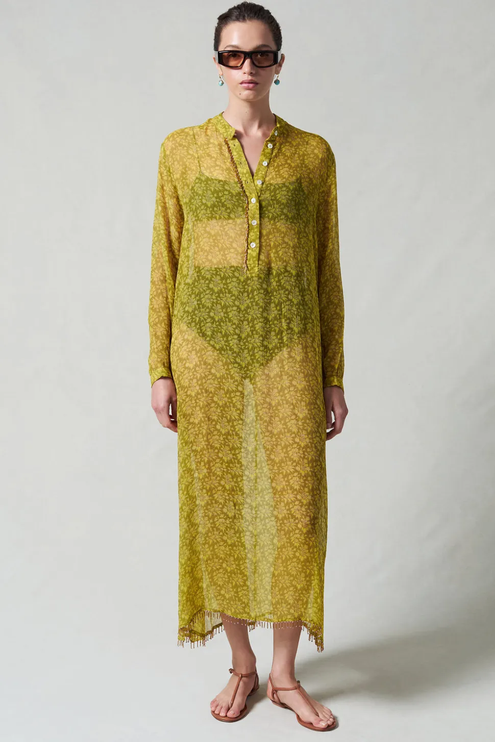 Eloise Beaded Silk Dress Yellow