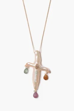 14k Chandelier Pearl Cross Necklace Natural Pink