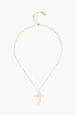 14k White Baroque Pearl Cross and Champagne Diamond Necklace