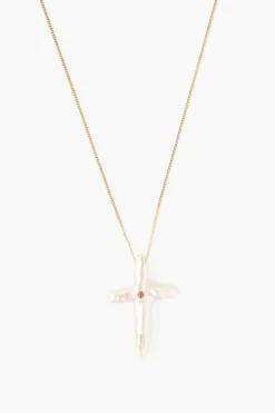 14k White Baroque Pearl Cross and Champagne Diamond Necklace