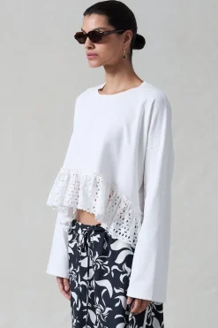 Laser Cut High Low Long Sleeve Tee White