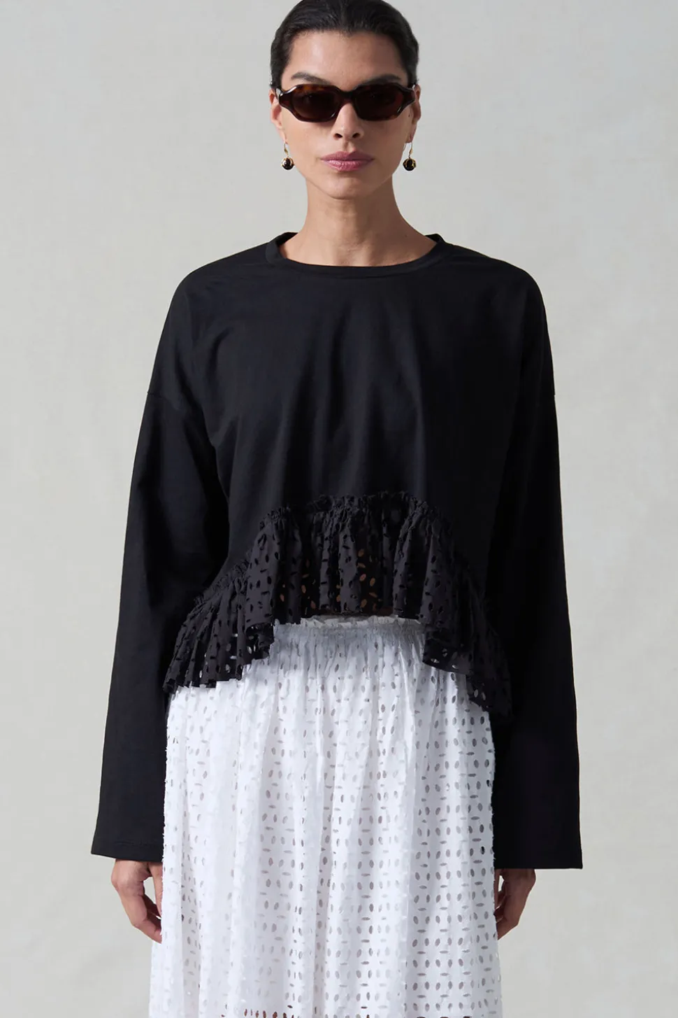 Laser Cut High Low Long Sleeve Tee Black