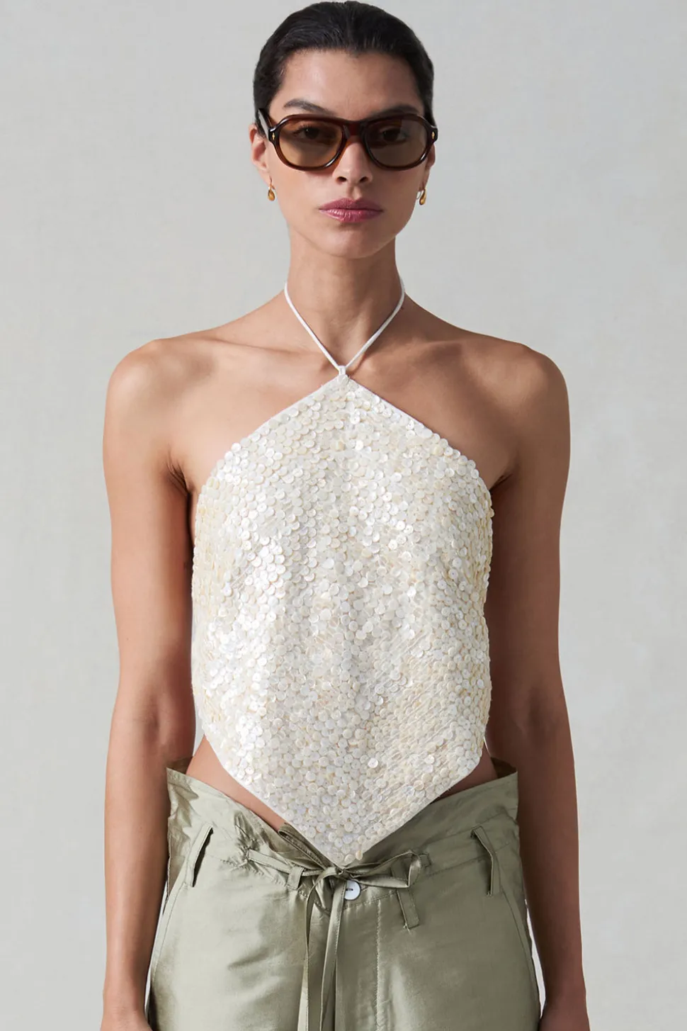 Shell Button Backless Halter Top Natural