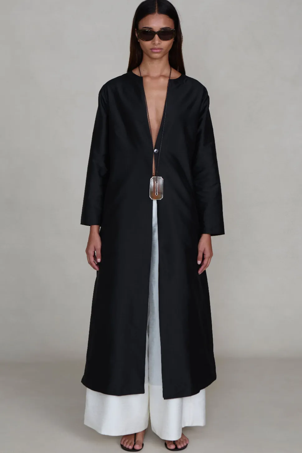 Techno Taffeta Collarless Coat Black