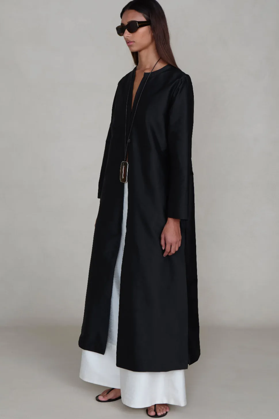 Techno Taffeta Collarless Coat Black