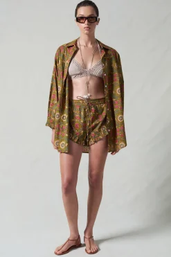 Wildflower Printed Ruffle Short Set Olive Green