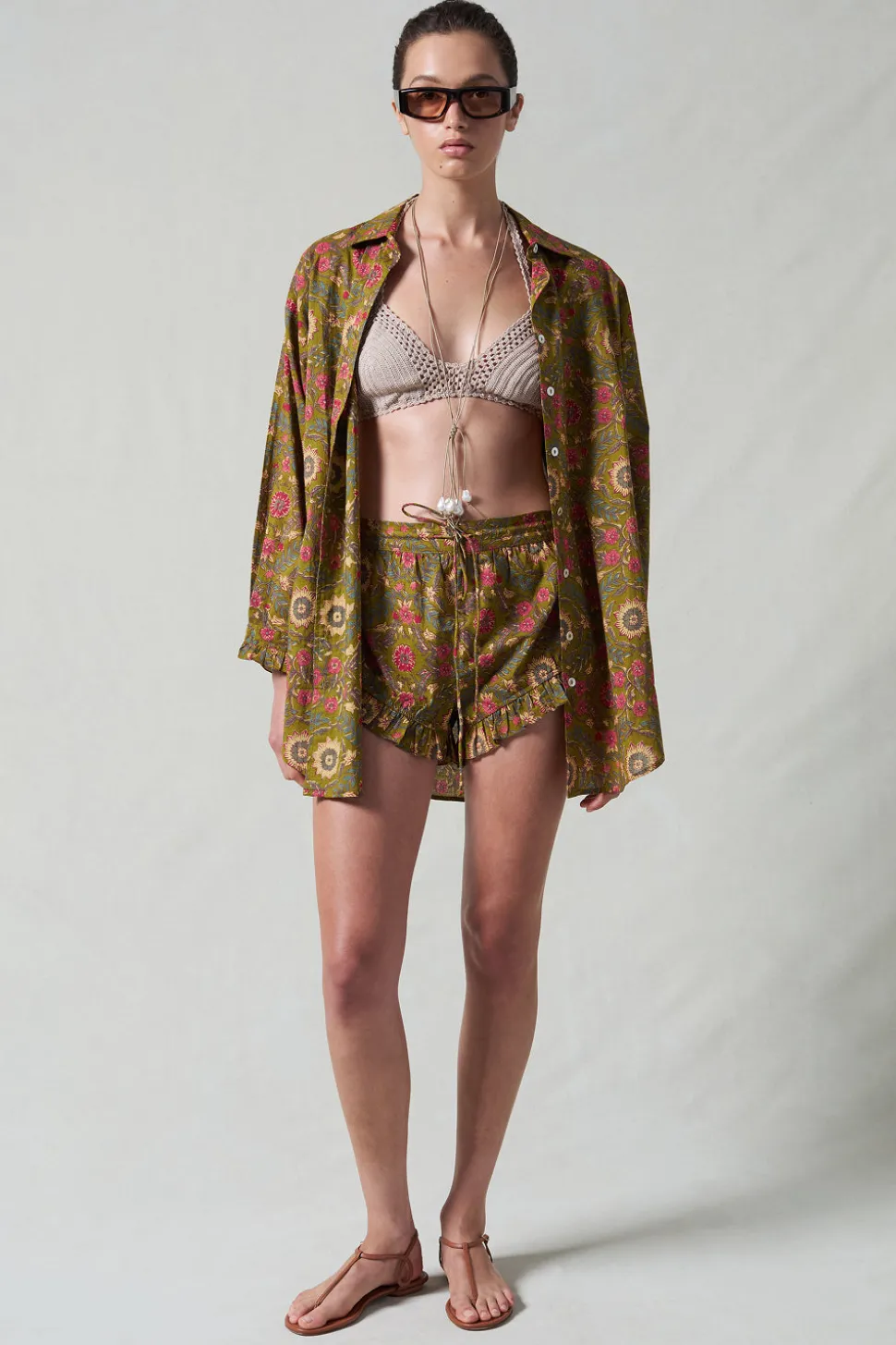 Wildflower Printed Ruffle Short Set Olive Green